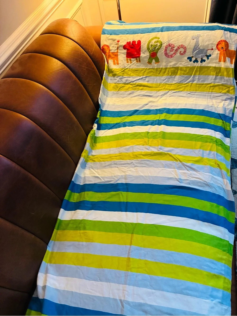 Striped Kids Bedding Duvet Cover with Colorful Animal Accents - Blue & Green